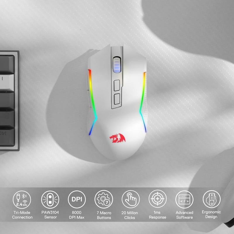 Redragon M693 Wireless Gaming Mouse, 8000 DPI Wired/Wireless Gamer Mouse W/ 3-Mode Connection, BT & 2.4G Wireless, 7 Macro Buttons, Reliable Power Capacity for Pc/Mac/Laptop