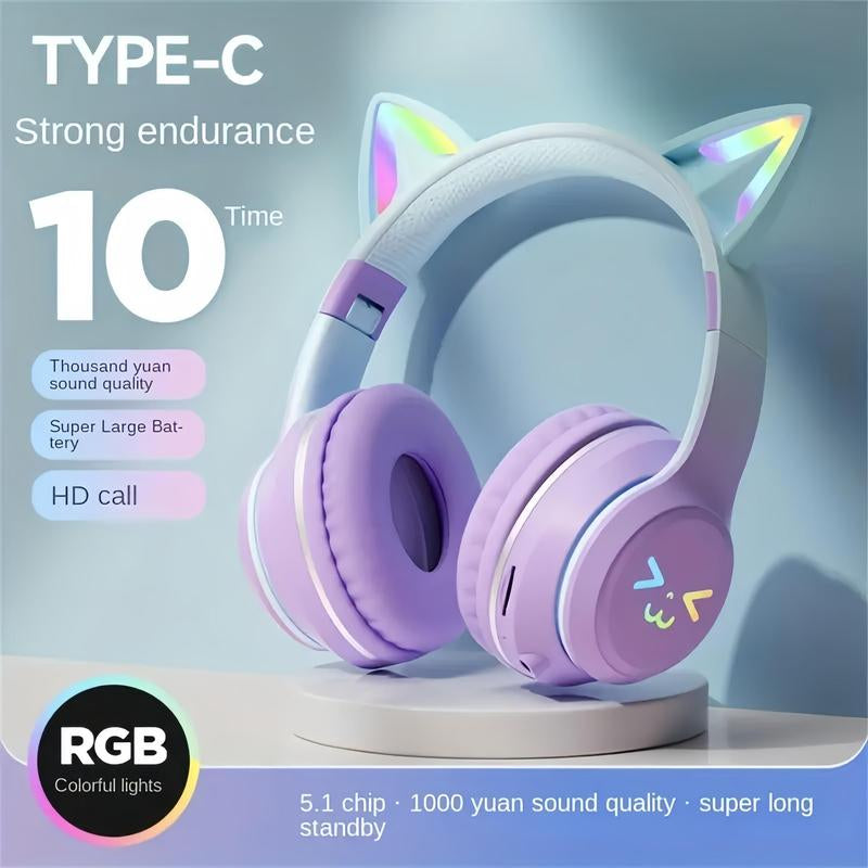 Wireless Headphones, Cat Ear Design Headphone with Built-In Microphone, Foldable Headset for PC & Laptop, Audio