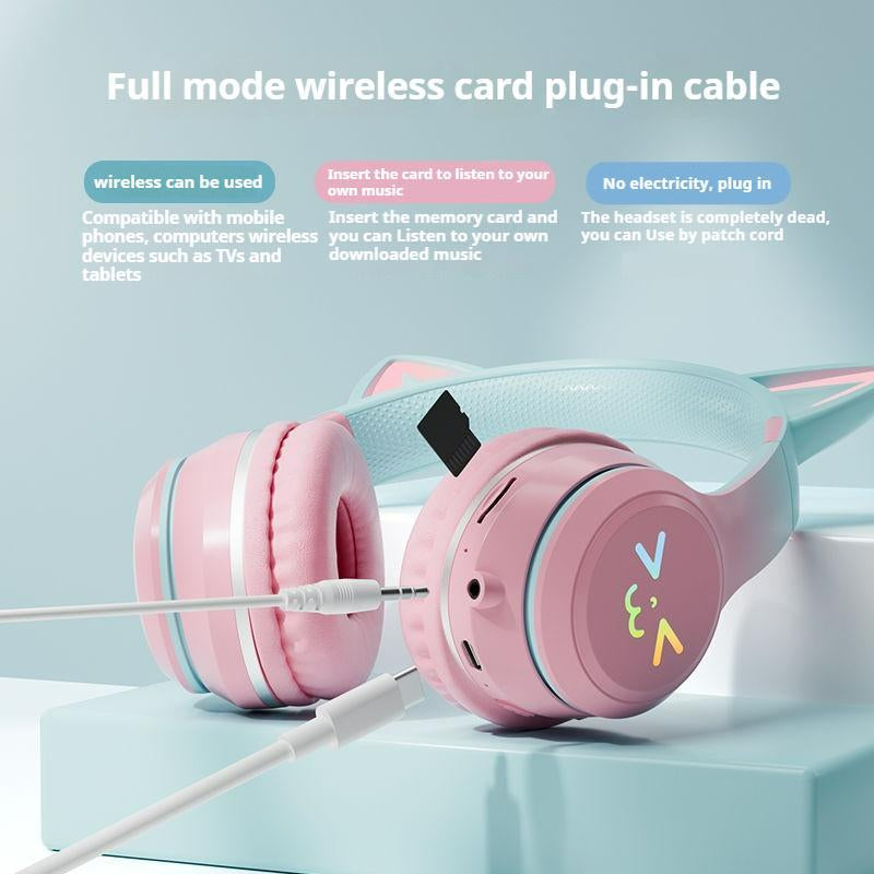 Wireless Headphones, Cat Ear Design Headphone with Built-In Microphone, Foldable Headset for PC & Laptop, Audio