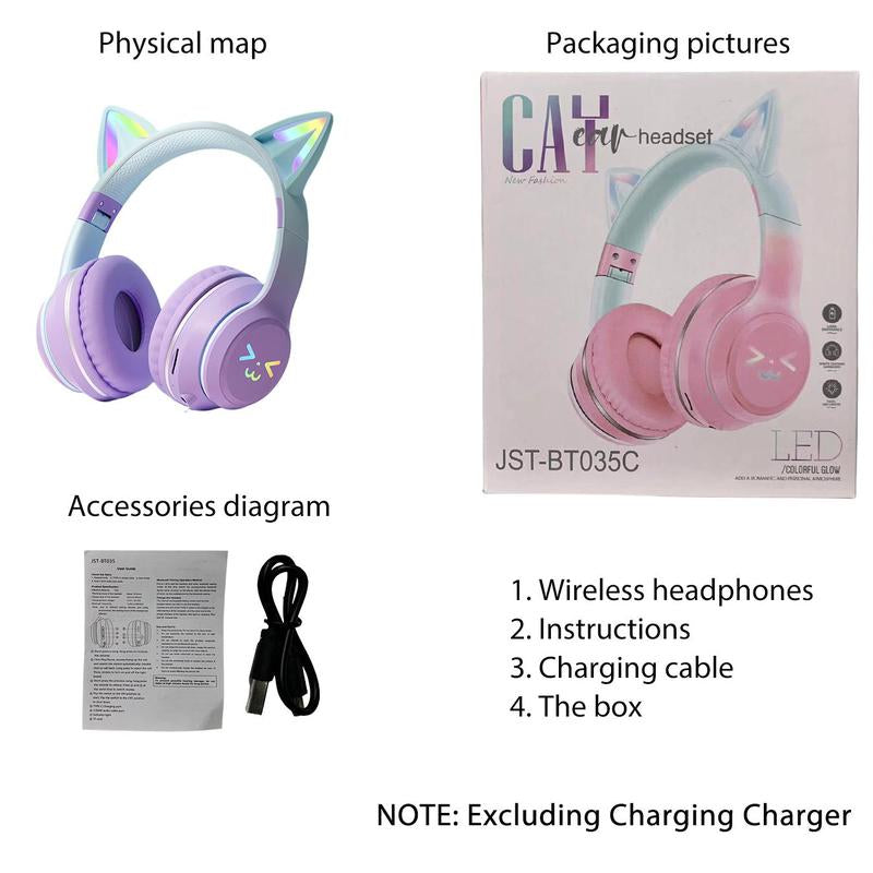 Wireless Headphones, Cat Ear Design Headphone with Built-In Microphone, Foldable Headset for PC & Laptop, Audio