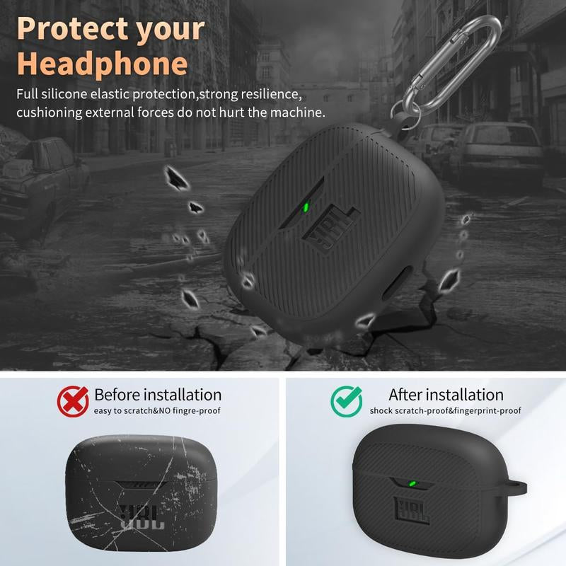 For JBL Vibe 200TWS/JBL Vibe Beam Case Cover, Silicone Protective Shock Cover Compatible with JBL Vibe 200TWS & JBL Vibe Beam True Wireless Headphones Charging Case with Carabiner(Black)