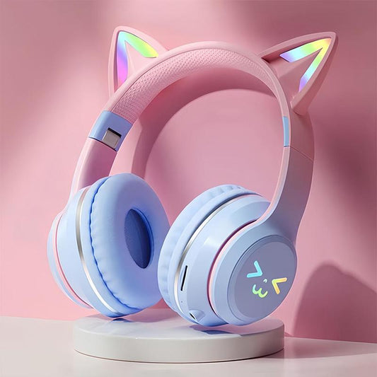 Wireless Headphones, Cat Ear Design Headphone with Built-In Microphone, Foldable Headset for PC & Laptop, Audio