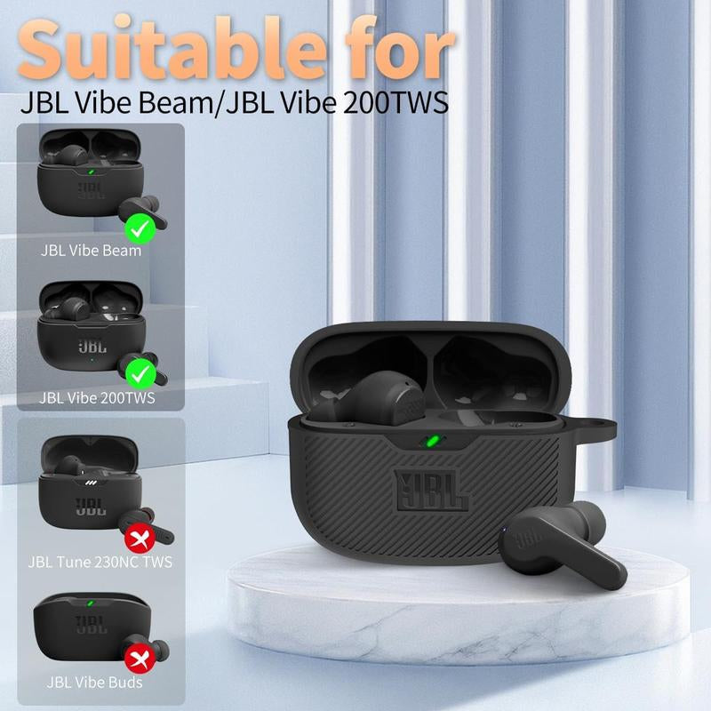 For JBL Vibe 200TWS/JBL Vibe Beam Case Cover, Silicone Protective Shock Cover Compatible with JBL Vibe 200TWS & JBL Vibe Beam True Wireless Headphones Charging Case with Carabiner(Black)
