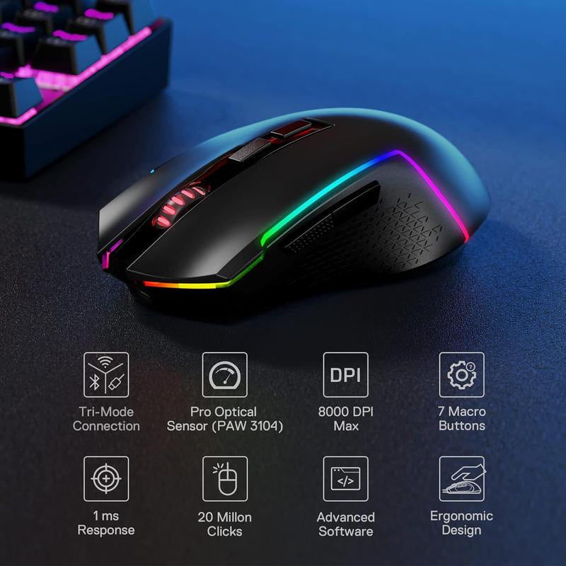 Redragon M693 Wireless Gaming Mouse, 8000 DPI Wired/Wireless Gamer Mouse W/ 3-Mode Connection, BT & 2.4G Wireless, 7 Macro Buttons, Reliable Power Capacity for Pc/Mac/Laptop
