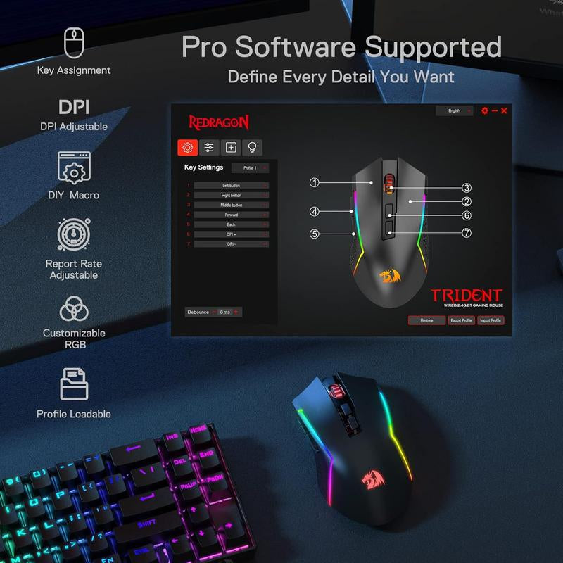 Redragon M693 Wireless Gaming Mouse, 8000 DPI Wired/Wireless Gamer Mouse W/ 3-Mode Connection, BT & 2.4G Wireless, 7 Macro Buttons, Reliable Power Capacity for Pc/Mac/Laptop