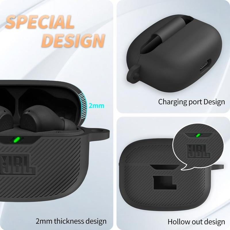 For JBL Vibe 200TWS/JBL Vibe Beam Case Cover, Silicone Protective Shock Cover Compatible with JBL Vibe 200TWS & JBL Vibe Beam True Wireless Headphones Charging Case with Carabiner(Black)