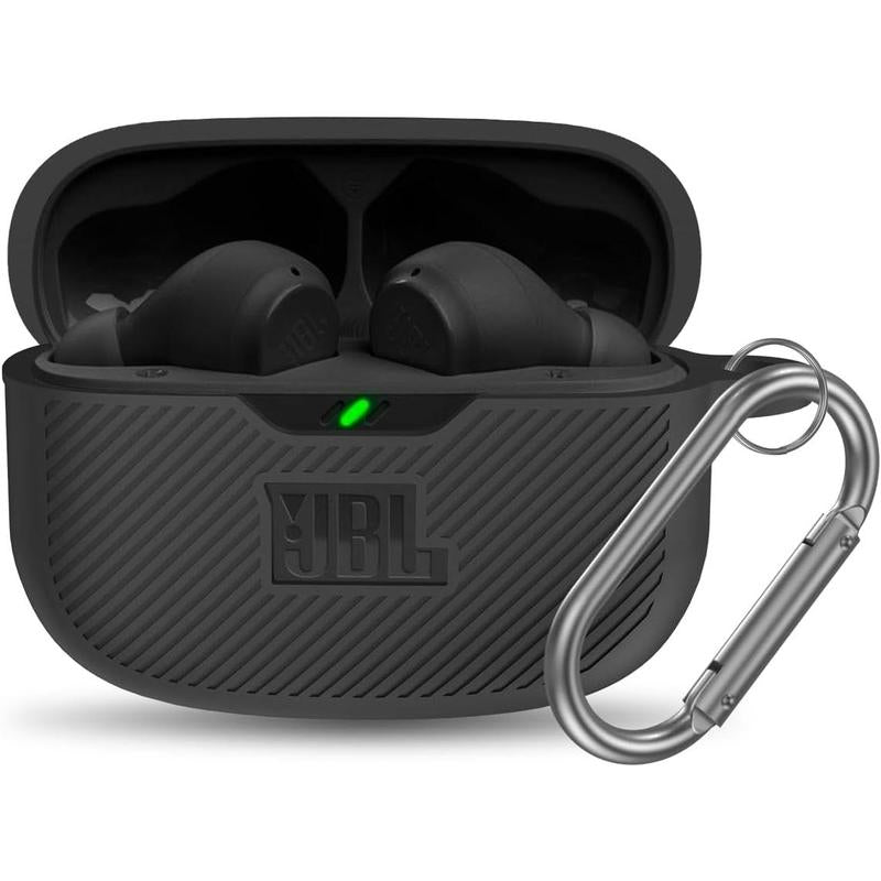 For JBL Vibe 200TWS/JBL Vibe Beam Case Cover, Silicone Protective Shock Cover Compatible with JBL Vibe 200TWS & JBL Vibe Beam True Wireless Headphones Charging Case with Carabiner(Black)